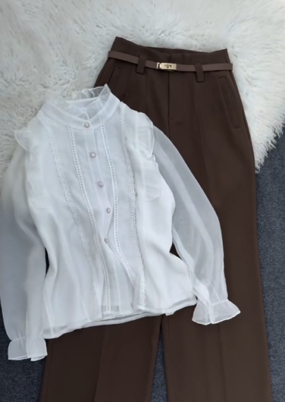 Stand Collar Ruffle Trim Pintuck Blouse with Trousers