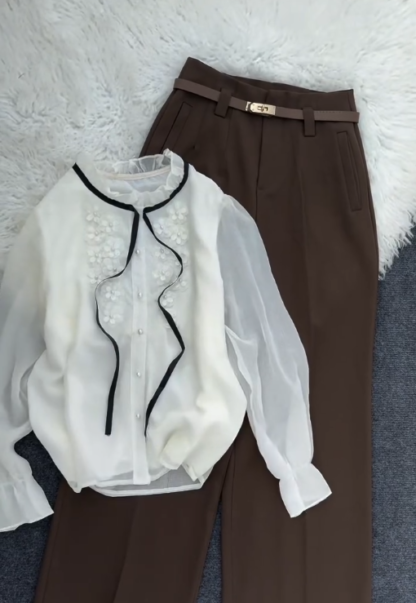 Stand Collar Ruffle Trim Pintuck Blouse with Trousers