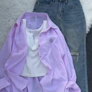 Purple Striped Oversized Shirt with White Tank and Light Jeans