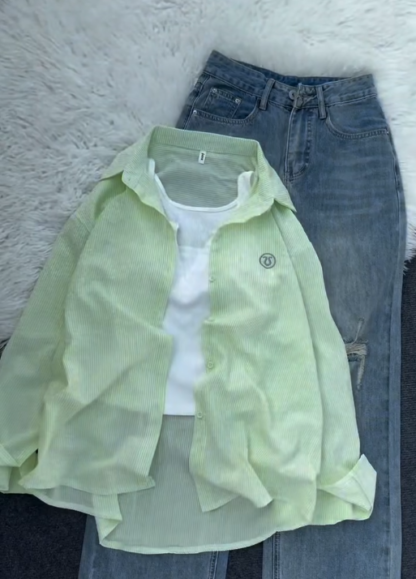 Oversized Shirt with White Tank and Light Jeans, Assorted Colours