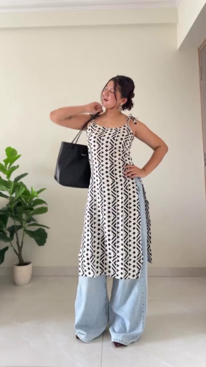 Women's Printed Cotton A-Line Kurti, Square Neck