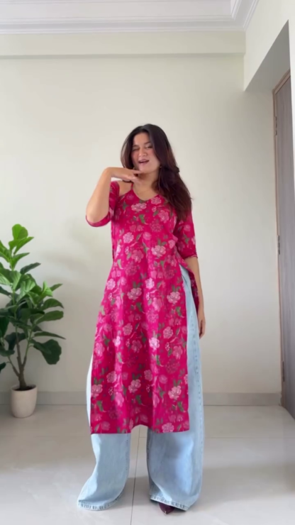 Women's Printed Cotton A-Line Kurti, Square Neck