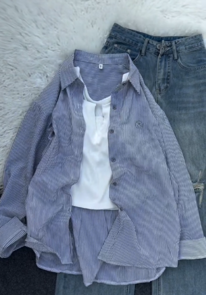Oversized Shirt with White Tank and Light Jeans, Assorted Colours