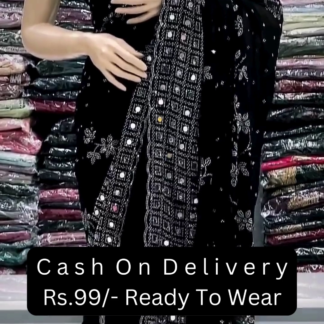 Black Mirror-Work Ready-to-Wear Saree with Stitched Pleats