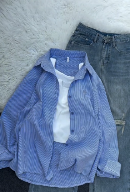 Oversized Shirt with White Tank and Light Jeans, Assorted Colours