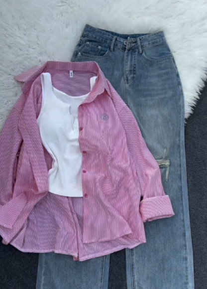 Oversized Shirt with White Tank and Light Jeans, Assorted Colours