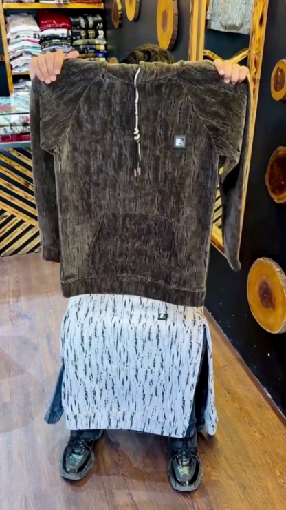 Crushed-Velvet Texture Fleece Hoodie with Kangaroo Pocket
