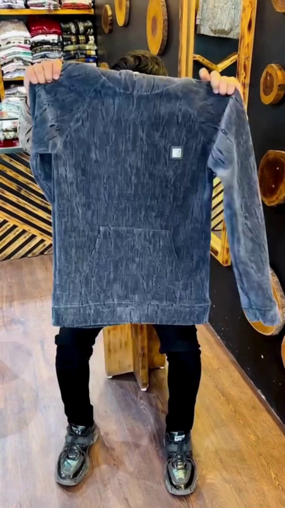 Crushed-Velvet Texture Fleece Hoodie with Kangaroo Pocket
