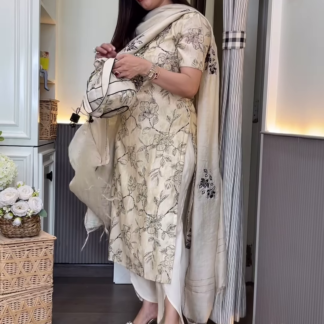 Off-White Floral Cotton Kurta Set with Embroidered Dupatta
