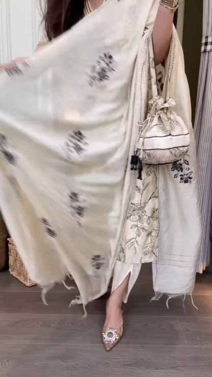 Off-White Floral Cotton Kurta Set with Embroidered Dupatta
