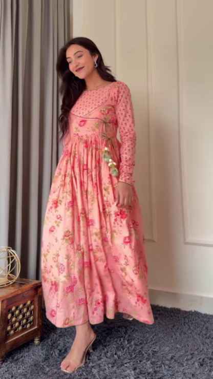 Floral Cotton Anarkali Dress, Full Sleeves, Assorted Colours