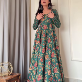 Green Floral Cotton Anarkali Dress, Full Sleeves