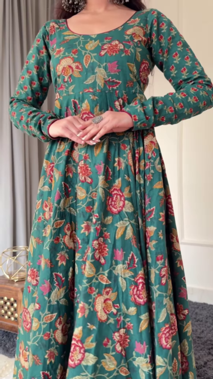 Floral Cotton Anarkali Dress, Full Sleeves, Assorted Colours