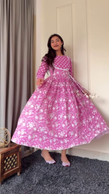 Floral Cotton Anarkali Dress, Full Sleeves, Assorted Colours