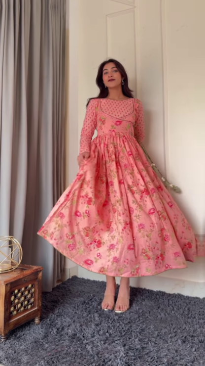 Floral Cotton Anarkali Dress, Full Sleeves, Assorted Colours