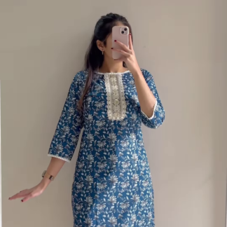 Floral Cotton Kurta with Lace Yoke and Pearl Detail