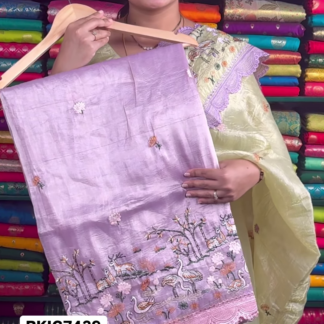 Embroidered Organza Saree with Scalloped Lace Border, 4 Colours