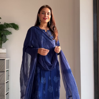 Chikankari Georgette Kurta Set with Chiffon Dupatta, Blue or Pink