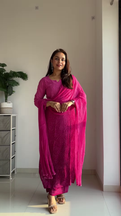Shadow-Work Embroidered Georgette Kurta Set with Chiffon Dupatta