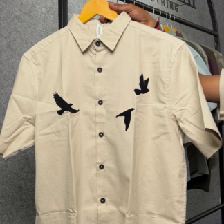 Cotton Casual Shirt with Bird Embroidery, Short Sleeves