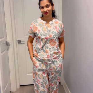 Floral Cotton Co-ord Set, Notch-Neck Top and Pocket Pants
