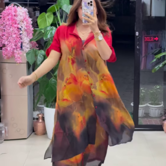 Abstract Print Chiffon Shirt Dress, Short Sleeves, 4 Prints