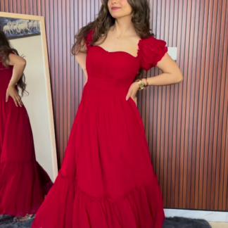 Red Ruffle Georgette Maxi Dress with Sweetheart Neckline