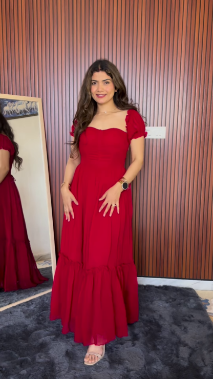 Red Ruffle Georgette Maxi Dress with Sweetheart Neckline