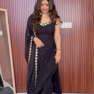 Black Georgette Anarkali Set with Golden Embroidery and Dupatta