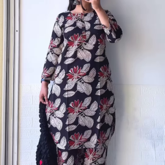 Black Floral Print Kurta Set with Straight Pants