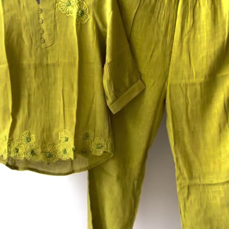 Lime Green Embroidered Co-ord Set with Mandarin Collar