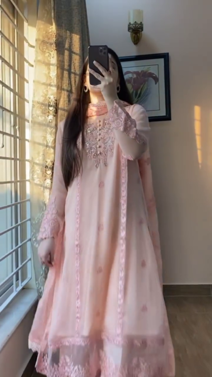 Blush Pink Embroidered Chiffon Suit with Beaded Yoke and Dupatta