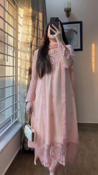 Blush Pink Embroidered Chiffon Suit with Beaded Yoke and Dupatta