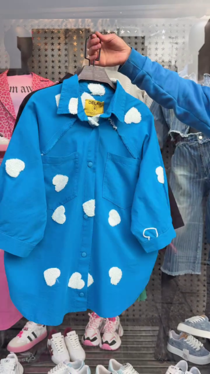 Oversized Cotton Shirt with Heart Patches