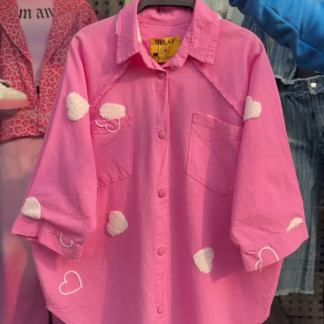 Oversized Cotton Shirt with Heart Patches, 6 Colours