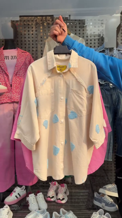 Oversized Cotton Shirt with Heart Patches