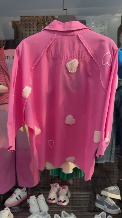 Oversized Cotton Shirt with Heart Patches