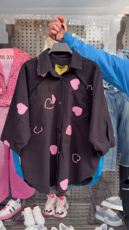Oversized Cotton Shirt with Heart Patches