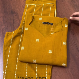 Mustard Yellow Cotton Suit Set with White Floral Embroidery