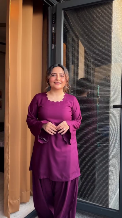Satin Kurta Set with V-Neck and Flared Sleeves, Green or Purple