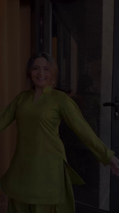 Satin Kurta Set with V-Neck and Flared Sleeves, Green or Purple