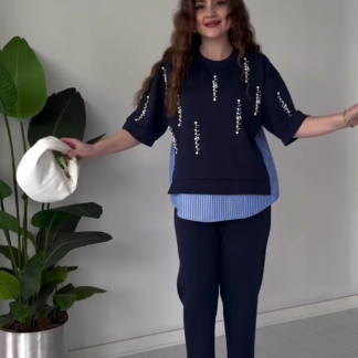Navy Pearl-Embellished Layered Top with Striped Underlay