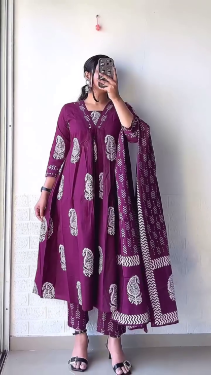 Printed Anarkali Set with Pleated Yoke and Dupatta, Assorted Colours