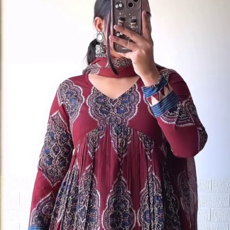 Maroon Printed Anarkali Set with Pleated Yoke and Dupatta