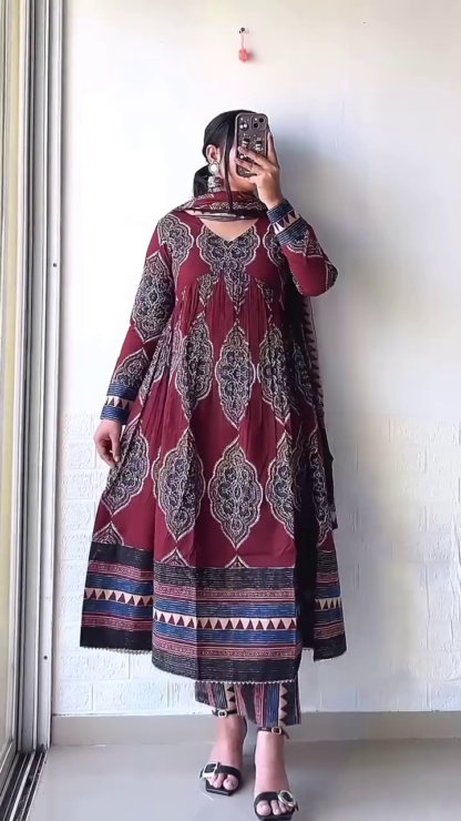 Printed Anarkali Set with Pleated Yoke and Dupatta, Assorted Colours