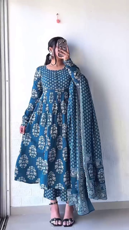 Printed Anarkali Set with Pleated Yoke and Dupatta, Assorted Colours