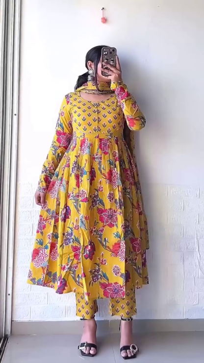 Printed Anarkali Set with Pleated Yoke and Dupatta, Assorted Colours