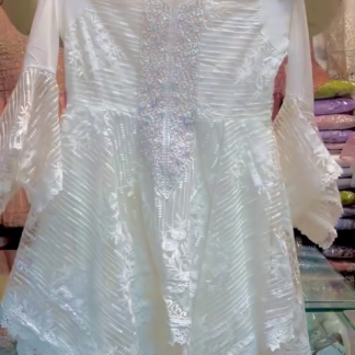 White Embroidered Organza Peplum Suit with Bell Sleeves