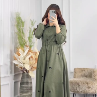 Olive Green Button-Down Flared Dress with Bow Detail