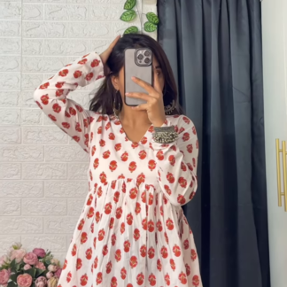 White Floral Peplum Top with V-Neck and Full Sleeves